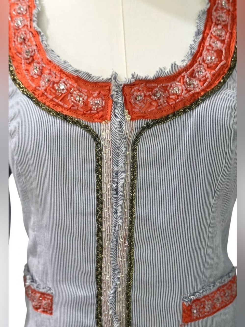 Free People My Fair Lady Cropped Pinstripe Jacket - Beaded Boho Blazer Sz 10 - Picture 5 of 9